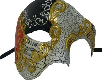 Red Black and Gold Musical Notes Half Face Phantom Masquerade Mask