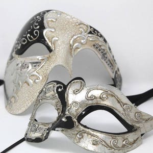 Black and Silver Phantom and Musical Notes Pair of Male and Female Couples Masquerade Masks
