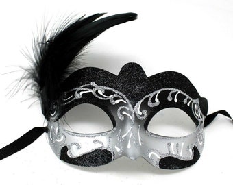 Stunning Black and Silver Feather Masquerade Mask