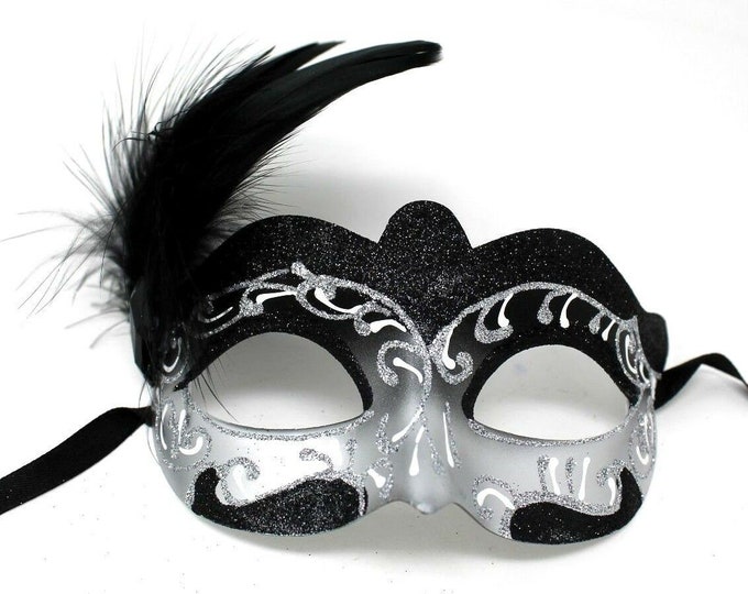 Stunning Black and Silver Feather Masquerade Mask