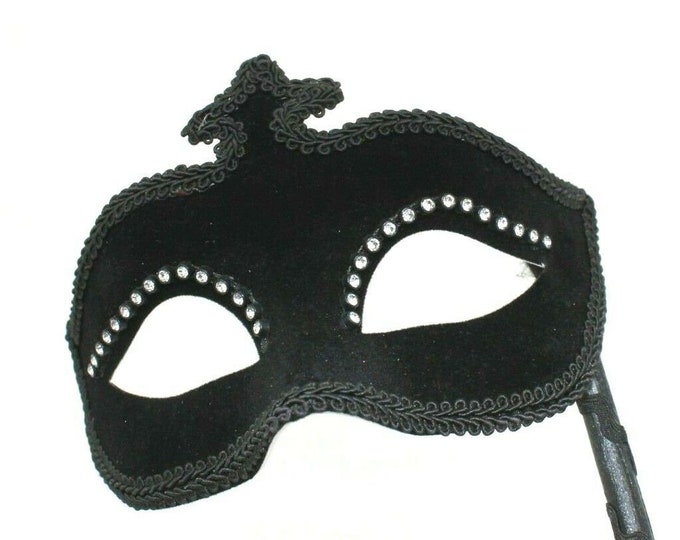 Velour Diamonte Black Masquerade Hand Held Mask on a Stick
