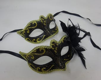 Pair of Couples His and Hers Masquerade Masks in Gold, Black and Bronze with Flower Detail