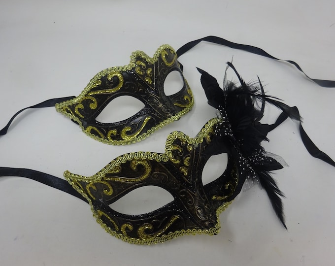 Pair of Couples His and Hers Masquerade Masks in Gold, Black and Bronze with Flower Detail