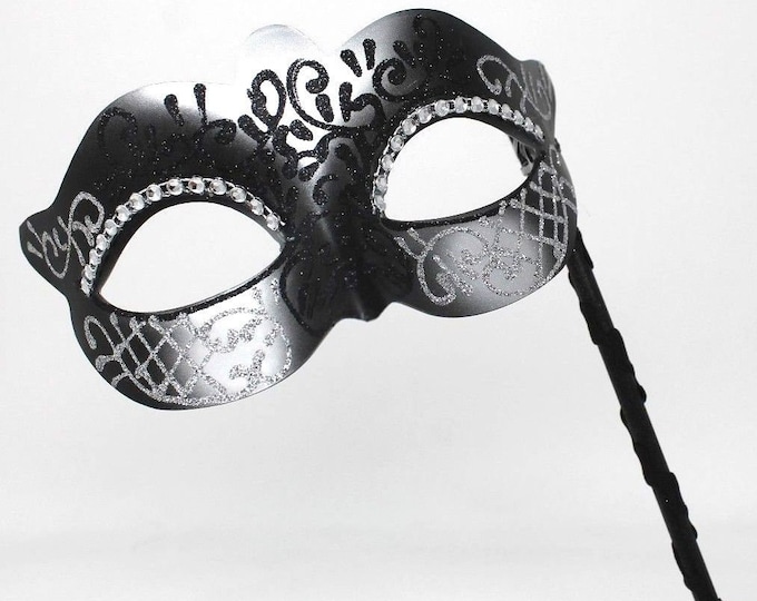 Black and Silver Masquerade Mask on a Black Stick