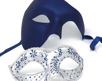 Blue and Silver Phantom His and Hers Couple Masquerade Masks