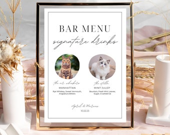 wedding signature drink pet sign, wedding drink sign with cats, minimalist wedding bar sign with cat pictures, modern drink sign, template