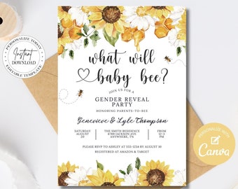 Editable What Will Baby Bee Gender Reveal Party  Gender Neutral Invite Baby Bee Invitation Printable Template Instant Download Canva