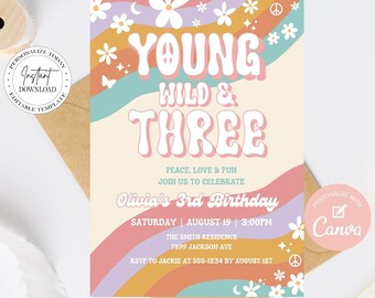 Editable young wild and three 3rd birthday invitation, groovy third birthday invitation for girls, retro third birthday invite, Canva