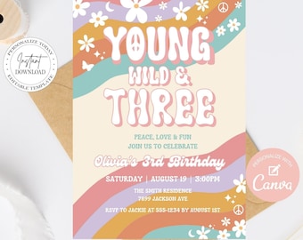 Editable young wild and three 3rd birthday invitation, groovy third birthday invitation for girls, retro third birthday invite, Canva