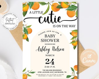 Editable A Little Cutie is on the Way Baby Shower Invitation, Clementine Baby Shower Invite, Floral Oranges Citrus Invite, Canva Template