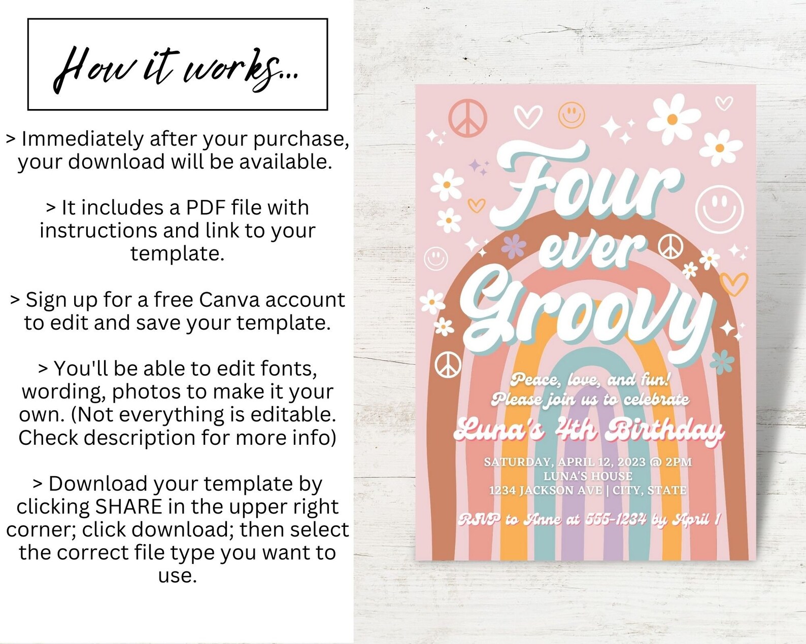 Editable Four Ever Groovy Birthday Invitation for Girls, Printable ...