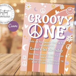 Editable Groovy One Birthday Party Invitation Peace Love Party Rainbow Party Hippie Groovy Retro 1st Birthday Party