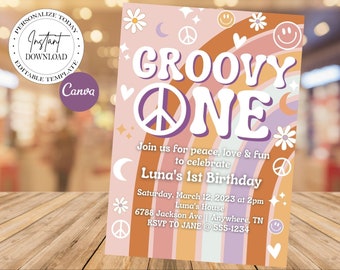 Editable Groovy One Birthday Party Invitation Peace Love Party Rainbow Party Hippie Groovy Retro 1st Birthday Party