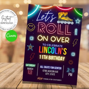 Editable Let&#39;s Roll on Over Roller Skating Birthday Party Invitation for Boys, Inline Skate Birthday Invitation, roller skate invite