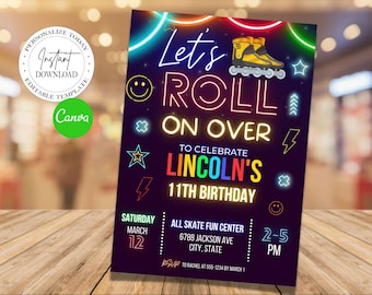 Editable Let's Roll on Over Roller Skating Birthday Party Invitation for Boys, Inline Skate Birthday Invitation, roller skate invite