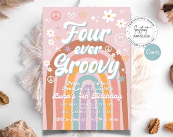 Editable Four Ever Groovy Birthday Invitation for Girls, Printable Canva Template