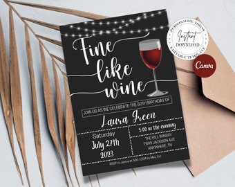 Fine Like Wine Birthday Invitation, Women's 40th 50th 60th 70th 80th Birthday Party Winery Invitation, Printable Wine Invite, Canva Template