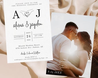 Hand Heart Aesthetic Wedding Invitation, Initials Wedding Invitation, Modern Wedding Invite with Photo, Minimalist Invite, Canva Template