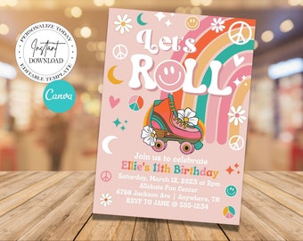 Editable roller skate birthday invitation let's roll, let's roll birthday invitation, retro roller skating invitation, rainbow skate invite