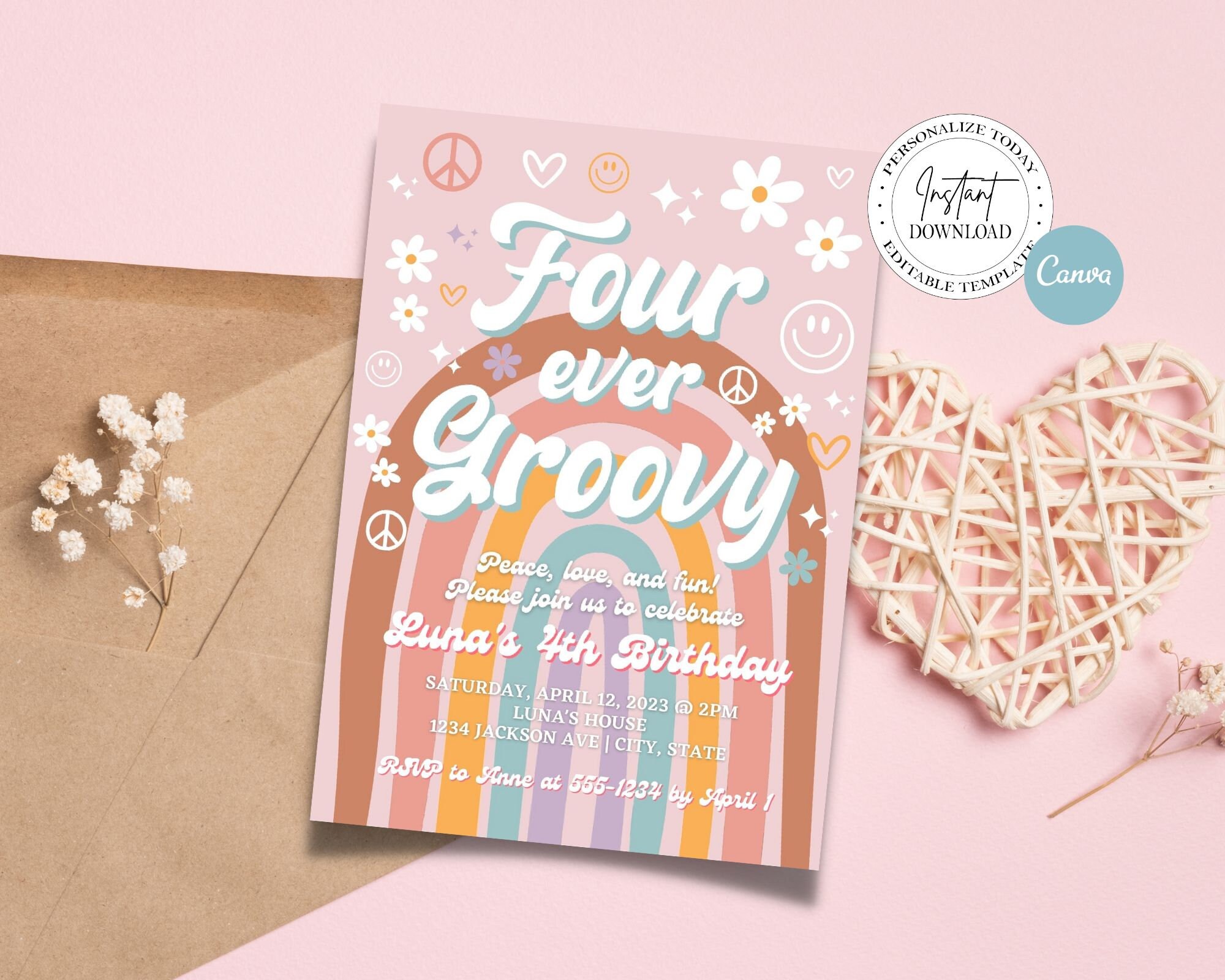 Editable Four Ever Groovy Birthday Invitation for Girls, Printable ...