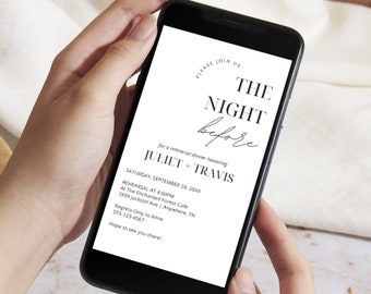 Digital Rehearsal Dinner Invitation, Text Dinner Invite, Modern Minimalist Wedding Rehearsal Evite, The Night Before Editable Template