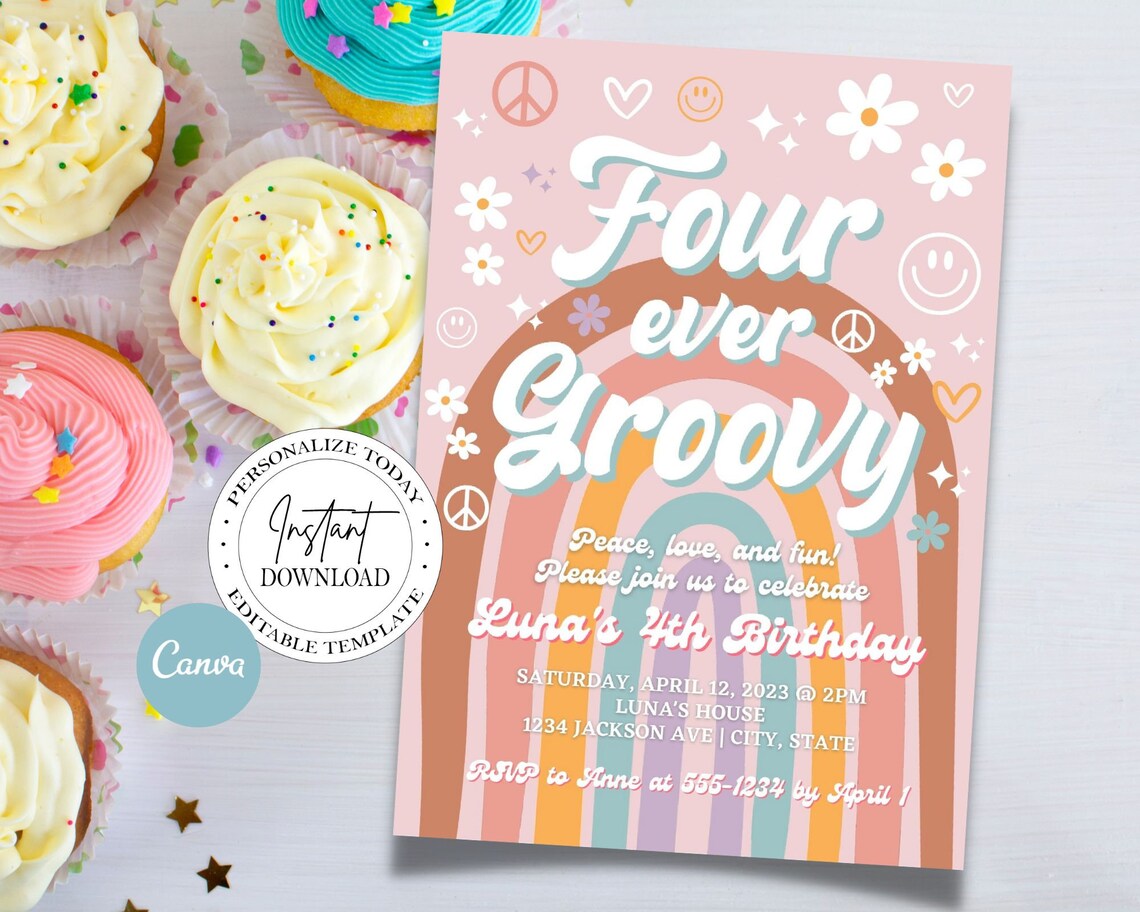 Editable Four Ever Groovy Birthday Invitation for Girls, Printable ...
