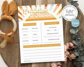 Here Comes The Son Baby Shower Predictions and Advice Game, Printable Baby Shower Game, Sun Baby Shower Predictions Game Template, Canva