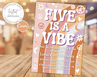 Five is a Vibe Birthday Invitation, Girls Groovy 5th Birthday Invitation, Retro Fifth Birthday Invite, Canva Template