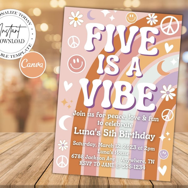 Five is a Vibe Birthday Invitation, Girls Groovy 5th Birthday Invitation, Retro Fifth Birthday Invite, Canva Template