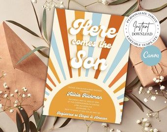 Here comes the son baby shower invitation editable canva template