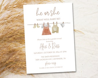 Editable modern gender reveal invitation neutral beige watercolor baby clothesline canva template