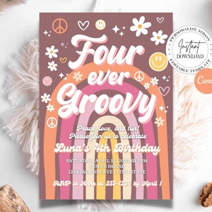 Editable Four Ever Groovy Birthday Invitation, Retro 4th Birthday Invite, Canva Template