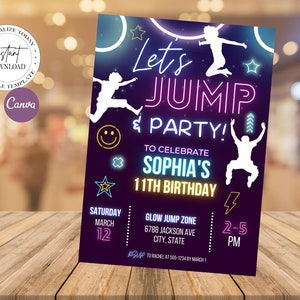 Editable Jump Birthday Party Invitation Glow Jump Birthday Party Trampoline Party Let&#39;s Jump Party Instant Editable File Invitation Template