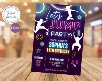 Editable Jump Birthday Party Invitation Glow Jump Birthday Party Trampoline Party Let's Jump Party Instant Editable File Invitation Template