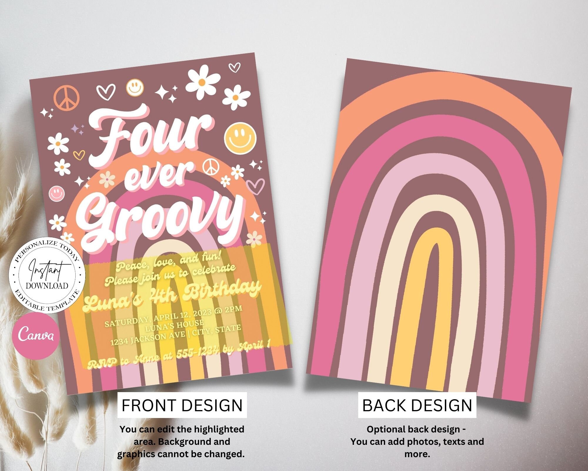 Editable Four Ever Groovy Birthday Invitation, Retro 4th Birthday ...