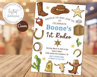 Editable First Rodeo Cowboy Birthday Invitation for Boys, Printable Western 1st Birthday Invitation, Canva Template