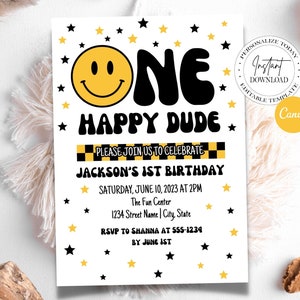 ONE Happy Dude Birthday Invitation, Editable Boys First Birthday Invite, Printable Canva Template