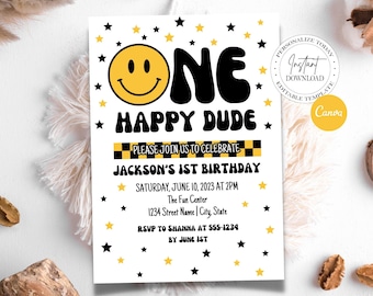 ONE Happy Dude Birthday Invitation, Editable Boys First Birthday Invite, Printable Canva Template
