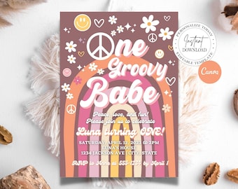 editable one groovy babe first birthday invitation, canva template