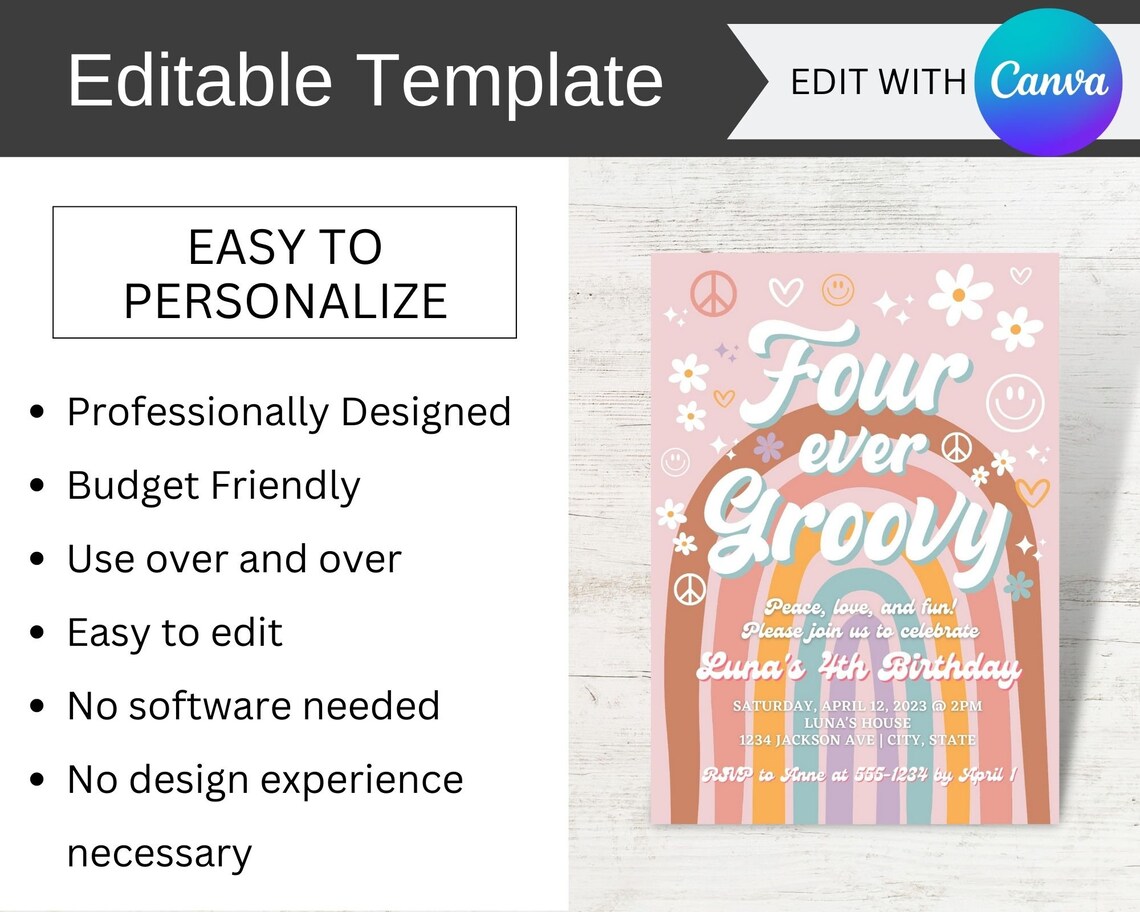 Editable Four Ever Groovy Birthday Invitation for Girls, Printable ...