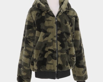 Camo Fluffy Faux Fur Hoodies Jacket - Etsy