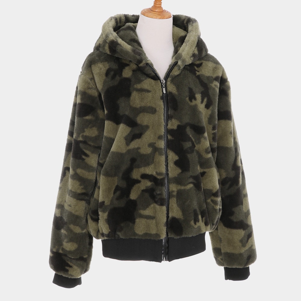 Camo Fluffy Faux Fur Hoodies Jacket Etsy