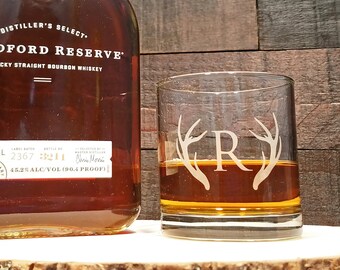 Antler Whiskey Glass with Monogram, Personalized Whiskey Glasses, Engraved Rocks Glass, Custom Whiskey Glass, Engraved Scotch Glass, Bourbon