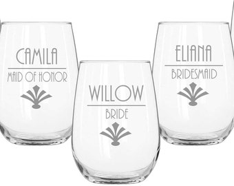 Set of 10 Custom Engraved Stemless Wine Glasses, Personalized Wine Glasses, Wedding Party Gifts, Bridesmaids Glass, Mother of the Bride Gift