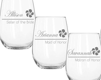 7 Custom Engraved Stemless Wine Glasses, Personalized Wedding Party Gifts, Bridesmaid Glass, Wedding Party Glasses, Mother of the Bride Gift