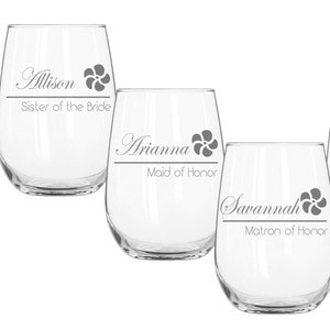 7 Custom Engraved Stemless Wine Glasses, Personalized Wedding Party Gifts, Bridesmaid Glass, Wedding Party Glasses, Mother of the Bride Gift image 1