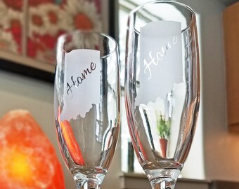 Personalized Champagne Flute w/ State of Your Choice, Custom State Glass, Engraved Gift, Engraved Home State, All States Available, Set of 2