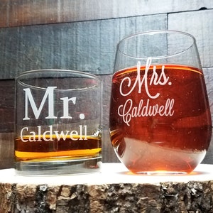 Whiskey and Wine Glass Set, Custom Engraved, Mr. and Mrs. Glasses, Gift for Couple, Wine Glass, Whiskey Glass, Wedding Gift, Newlyweds