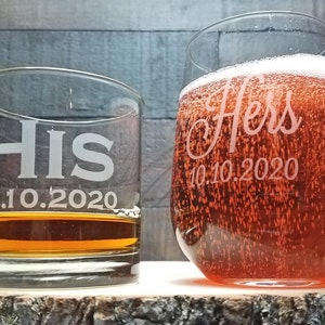 His and Hers Whiskey and Wine Glass Set, Custom Engraved Gift for Couple, Wine and Whiskey Glass Set, Wedding Gift, Newlywed Gift Idea image 1