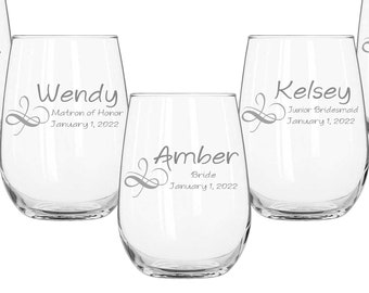 Stemless Wine Glasses, Personalized Bridesmaids Gifts, Engraved Wedding Glasses, Custom Wedding Gift, Wedding Favor for Bridesmaid